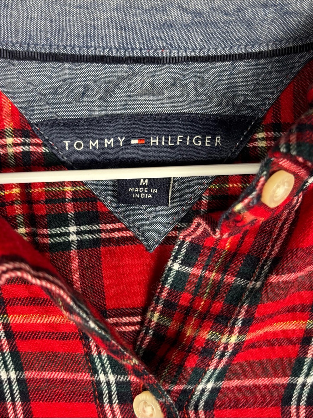 Tommy‎ Hilfiger Womens M Red Plaid Metallic Shimmer Roll Tab Button Up Shirt - Picture 2 of 10